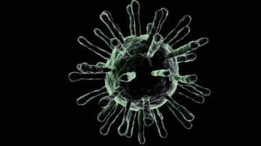 Coronavirus (COVID-19) siyah arka planda tıbbi animasyon. Bulaşıcı virüs Sars-CoV-2 'nin mikroskobik görüntüsü. 3 Boyutlu Canlandırma.