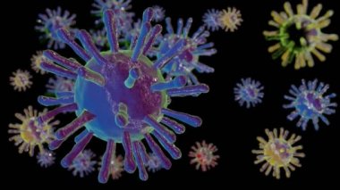 Coronavirus (COVID-19) siyah arka planda tıbbi animasyon. Bulaşıcı virüs Sars-CoV-2 'nin mikroskobik görüntüsü. 3 Boyutlu Canlandırma.