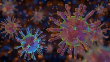 Coronavirus (COVID-19) etrafında parlak toz parçacıkları veya küçük hücrelerle tıbbi animasyon. Bulaşıcı virüs Sars-CoV-2 'nin mikroskobik görüntüsü. 3 Boyutlu Canlandırma.