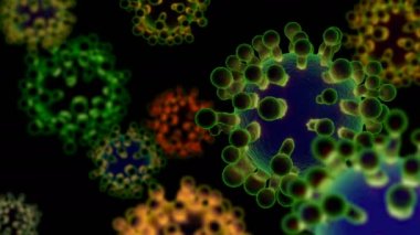 Coronavirus (COVID-19) siyah arka planda tıbbi animasyon. Bulaşıcı virüs Sars-CoV-2 'nin mikroskobik görüntüsü. 3 Boyutlu Canlandırma.