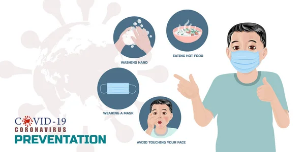 Ragazzo Indossa Una Maschera Che Mostra Infografica Modo Prevenire Infezione — Vettoriale Stock