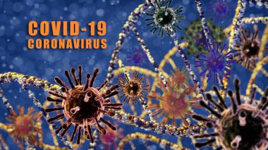 Corona virüslerinin tasviri, mavi parçacıklar üzerinde DNA ve metin içeren covid-19. Bulaşıcı hastalık ve yayılma. 3B illüstrasyon.