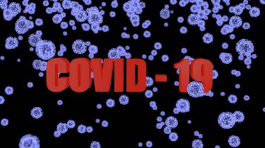 Corona virüslerinin parçacıkları, siyah arkaplanda kırmızı metinle yüzen covid-19. Bulaşıcı hastalık ve yayılma. 3B illüstrasyon.