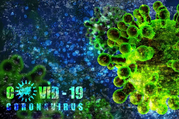 コロナウイルスのイラスト 青の粒子の背景にテキストとCovid 疾患の伝染と伝播 3Dイラスト — ストック写真