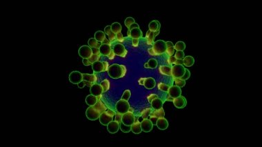 Coronavirus (COVID-19) siyah arka planda tıbbi animasyon. Bulaşıcı virüs Sars-CoV-2 'nin mikroskobik görüntüsü. 3 Boyutlu Canlandırma.