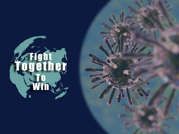 Illustration of corona viruses, covid-19 on blue background. Contagion and propagation of a disease. Text, fight togheter to win virus on world map. 3D illustration.