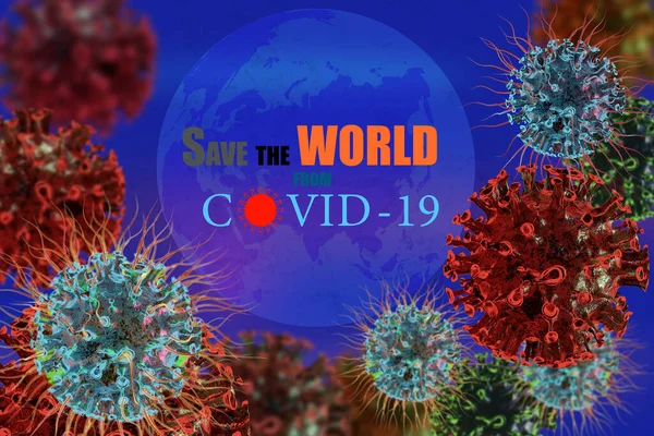 Illustrazione Virus Corona Con Testo Salva Mondo Covid Sulla Terra — Foto Stock