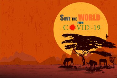 Dünya 'yı covid' den kurtar - 19, Coronavirus, büyük güneş altındaki yazı dağ ve ağaç ve at yiyen çim siluetiyle tarlanın arkasına düşüyor. vektör illüstrasyonu