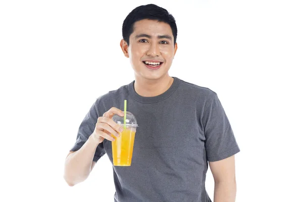 Smile Happy Face Asian Man Hold Orange Juice Plastic Cup — Stock Photo, Image