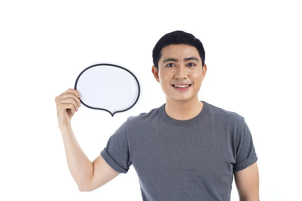 Front View Headshot Asian Man Casual Wear Holding Bubble Speech — Stock Photo, Image