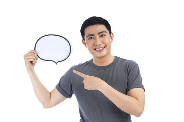 Front View Headshot Asian Man Casual Wear Holding Bubble Speech — Stock Photo, Image