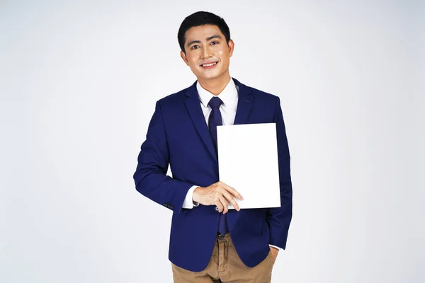 Happy Asian Smiling Young Business Man Holding Blank White Small — Stock Photo, Image