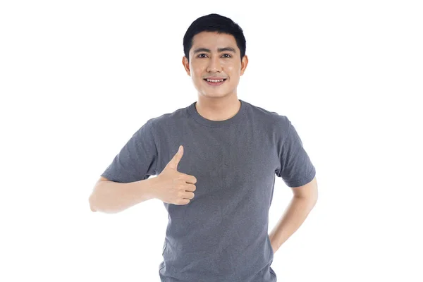 Sorriso Rosto Feliz Homem Asiático Apontam Para Apresentar Espaço Vazio — Fotografia de Stock