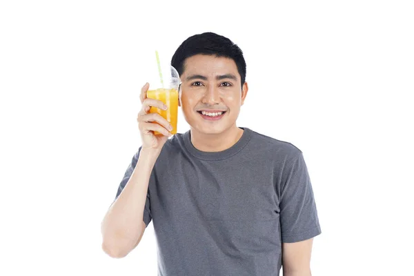 Sourire Visage Heureux Homme Asiatique Tenir Tasse Plastique Jus Orange — Photo