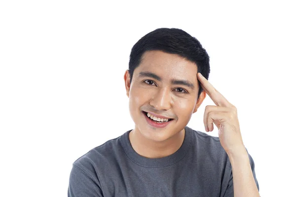 Retrato Asiático Jovem Bonito Homem Sorriso Pensamento Com Expressão Feliz — Fotografia de Stock