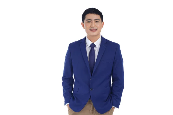 Asiatisk Stilig Ung Affärsman Blå Kostym Isolerad Vit Bakgrund — Stockfoto