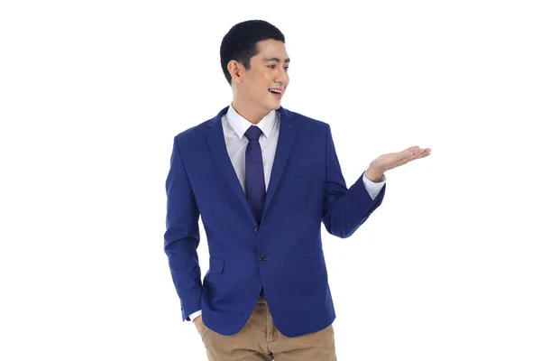 Asiático Bonito Jovem Homem Negócios Terno Azul Isolado Fundo Branco — Fotografia de Stock