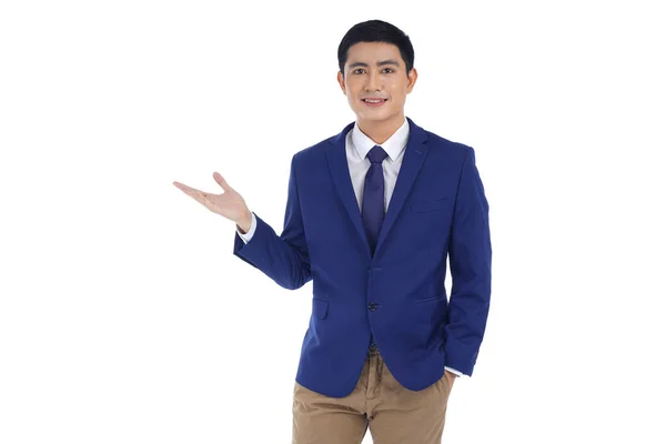 Asijské Hezký Mladý Obchodní Muž Modrém Obleku Izolovaný Bílém Pozadí — Stock fotografie