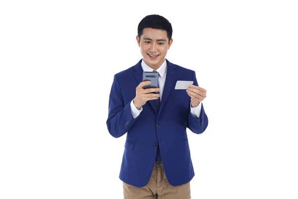 Asiatique Beau Jeune Homme Affaires Tenant Une Carte Crédit Débit — Photo