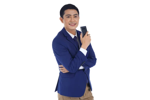 Asiatique Beau Jeune Homme Affaires Tenant Nouveau Téléphone Intelligent Appareil — Photo