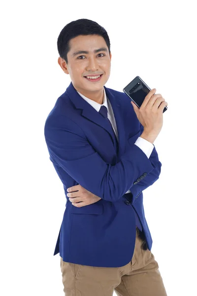 Asiatique Beau Jeune Homme Affaires Tenant Nouveau Téléphone Intelligent Appareil — Photo