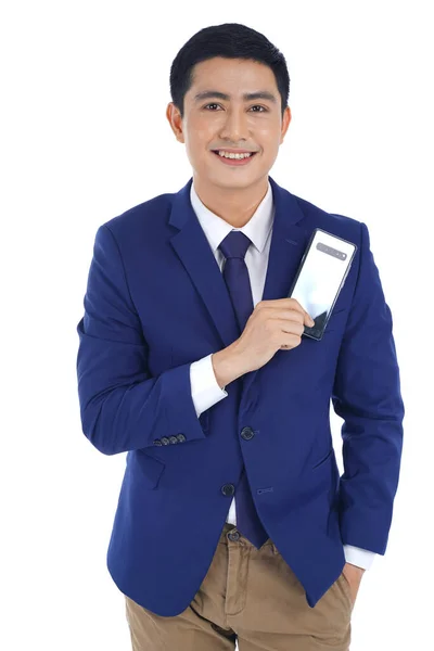 Asiatique Beau Jeune Homme Affaires Tenant Nouveau Téléphone Intelligent Appareil — Photo