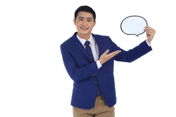 Feliz Asiática Sonriente Joven Hombre Negocios Sosteniendo Discurso Burbuja Aislado — Foto de Stock