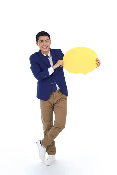 Happy Asian Smiling Young Business Man Holding Bubble Speech Isolated — Stock Photo, Image