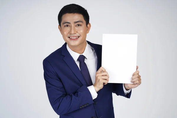 Happy Asian Smiling Young Business Man Holding Blank White Small — Stock Photo, Image