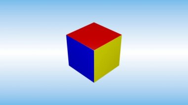 Renkli üç boyutlu küp mavi arkaplanda dönüyor. 3d küp canlandırması.