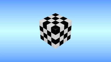 Siyah ve beyaz üç boyutlu küp mavi arkaplanda dönüyor. Damalı 3d küp canlandırması.