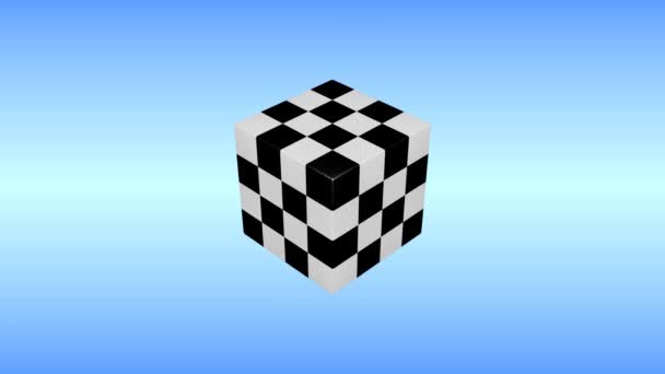 Blanco Negro Cubo Tridimensional Girar Sobre Fondo Azul Animación Cubo — Vídeos de Stock