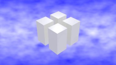 Parlak beyaz üç boyutlu küpler mavi gökyüzü arka planında dönerler. 3d küp animasyonu.