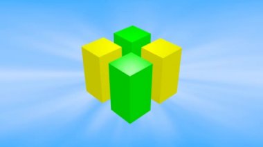 Yeşil ve sarı üç boyutlu küpler mavi gökyüzü arka planında dönerler. 3d küp animasyonu.