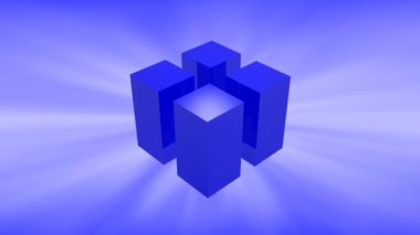 Parlak mavi üç boyutlu küpler mavi gökyüzü arka planında döner. 3d küp animasyonu.