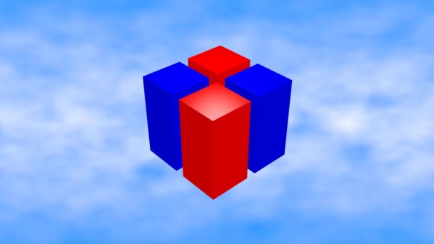 Rode Blauwe Driedimensionale Blokjes Draaien Een Blauwe Hemelse Achtergrond Blokjes — Stockvideo