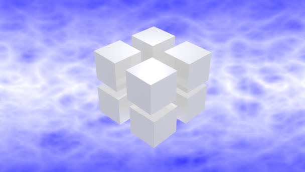 Glossy White Three Dimension Cubes Rotate Blue Sky Background Cubes — Stock Video