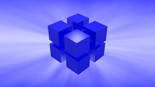 Cubes trois dimensions bleu brillant tournent sur fond bleu ciel. Animation 3d cubes .