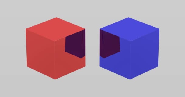 Rouge brillant et bleu trois dimensions cubes tournent sur fond de couleur grise. Cubes 3D avec animation par réflexion. Gros plan de deux blocs .
