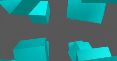 Gri arka planda uçan mavi üç boyutlu küpler. 3d küp animasyonu.