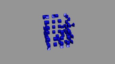 Gri arkaplanda mavi üç boyutlu küp oluşuyor. 3d küp animasyonu.