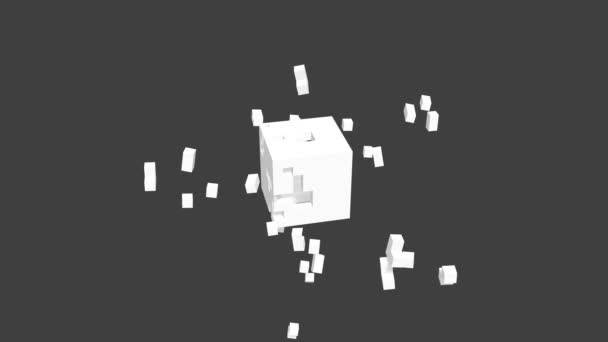 灰色の背景で爆発する白い三次元キューブ 3Dキューブアニメーション — ストック動画