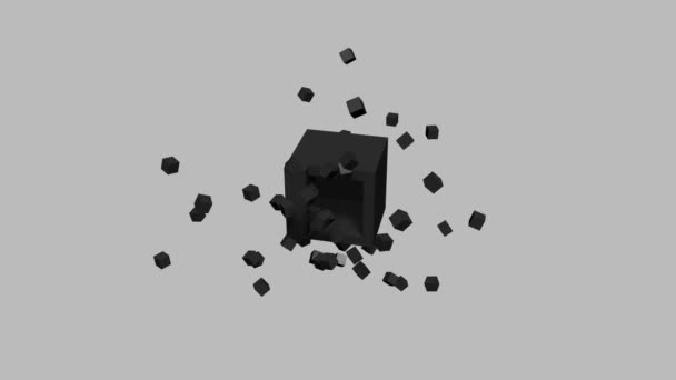 灰色の背景で爆発する黒い三次元キューブ 3Dキューブアニメーション — ストック動画