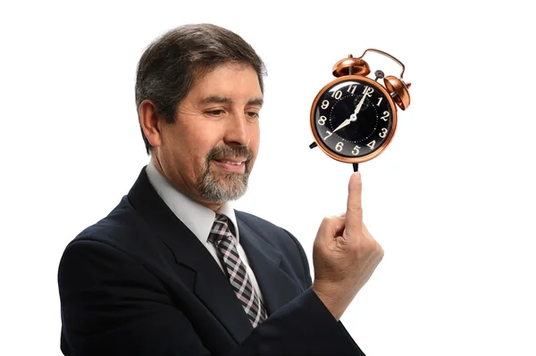 Hispanic Businessman Balancing Vintage Clock — Stock Photo, Image