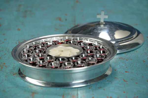 Communion Tray over vintage table — Stock Photo, Image