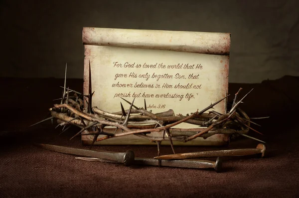 Crown of Thorns and Nails With Scripture — Stock Photo, Image