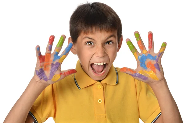 Jongen met geschilderde handen — Stockfoto