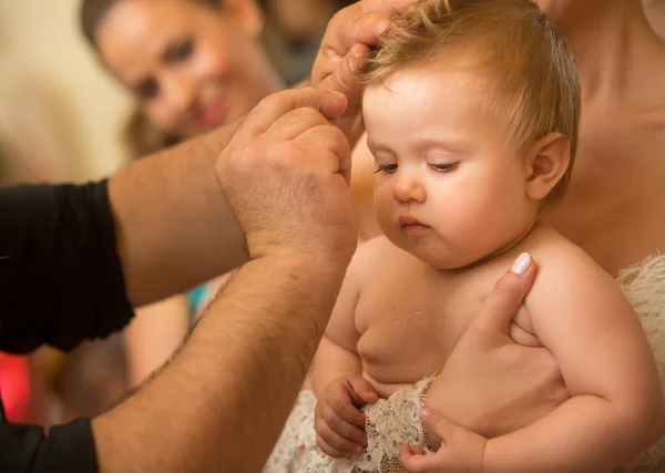 Newborn baby water baptism ritual. Christian orthodox baptism in Greece. — Stock Photo, Image