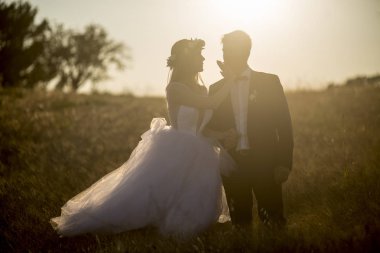  Mutlu damat ve gelin yaz gün batımı çayır üzerinde yürüme