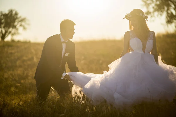 Novio feliz y novia caminando en verano puesta del sol prado — Foto de Stock